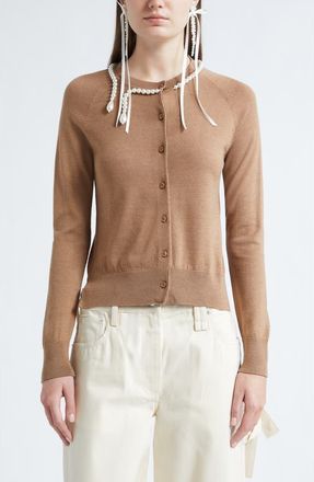 Simone Rocha Classic Faux Pearl Merino Wool & Silk Cardigan in Chestnut/Pearl2 at Nordstrom, Size X-Small
