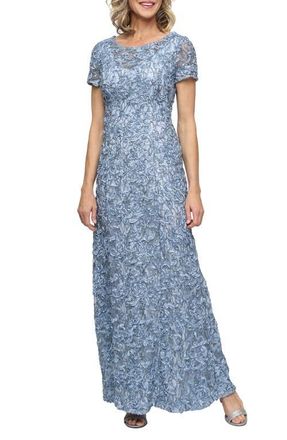 Alex Evenings Sequin Soutache Short Sleeve A-Line Gown in Skyblue at Nordstrom, Size 18
