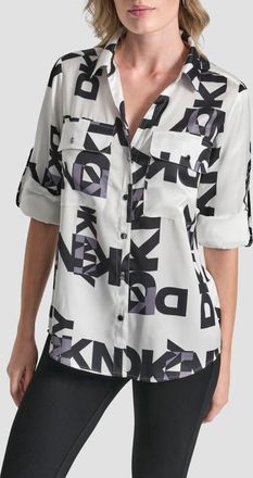 DKNY Roll-Tab Cuff Button-Up Shirt in White/Black at Nordstrom, Size X-Small