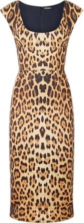 Roberto Cavalli Kleedjes, Dames, Bruin, 2Xs, Midi Jurk met Jaguar Skin Print