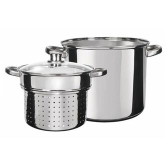 Trade Shop TrAdE Shop Traesio - Set 3pz Pentola Cuocipasta In Acciaio Scola Pasta Con Coperchio Manici &oslash;24cm 8lt Induzione