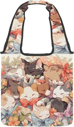 Generic Cute Cartoon Kitten Reversible Canvas Shoulder Tote - Double-Sided Print, 12oz Cotton, 27cm Drop, Fold-Flat Bag for Travel, Shopping, Street Outings