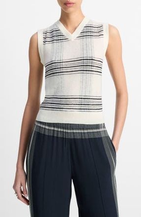 Vince Plaid V-Neck Wool Sweater Vest in Off White/coastal at Nordstrom Rack, Size Xx-Small