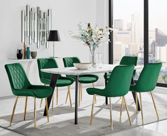 Furniturebox Andria Marble Effect Dining Table With Black Legs & 6 Pesaro Velvet Gold Leg Chairs in Green