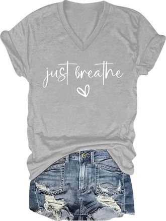 Generic Womens Just Breathe Mental Health Graphic Tees V-Neck Inspirational Shirts Short Sleeve Funny T Shirt Casual Tops 2025 New Light Gray
