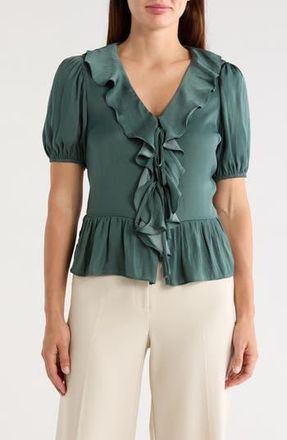 T Tahari Puff Sleeve Ruffle Peplum Top in Sueded Sage at Nordstrom Rack, Size X-Small