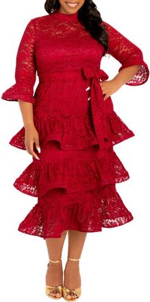 Buxom Couture Tiered Lace Long Sleeve Maxi Dress in Burgundy at Nordstrom, Size 3 X