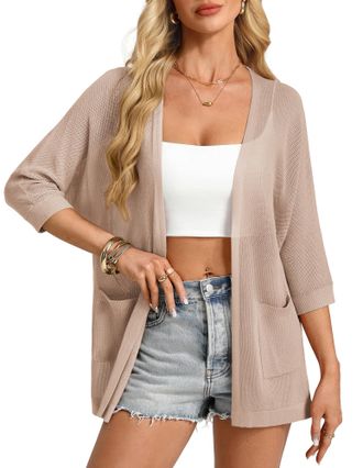 Grace Karin Womens 3/4-Sleeves Open Front Cardigan Summer Casual Batwing Sleeve Lightweight Tops with Pockets Khaki M