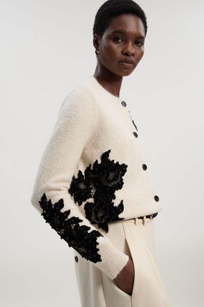 Karen Millen Womens Lace Embellished Cosy Knit Cardigan - Cream - Size X-Small