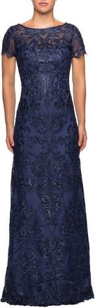 La Femme Long Lace Dress withy Rhinestones and Short Sleeves in Navy at Nordstrom, Size 12