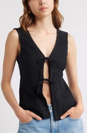 Open Edit Tie Front Linen Blend Top in Black at Nordstrom Rack, Size X-Small