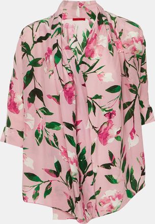 Carolina Herrera Pink Floral Print Crepe & Silk Blend Wrap Around Top