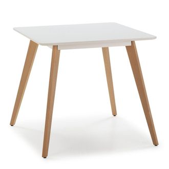 HOMN Mesa de comerdor blanco, patas de madera de haya, 80x80 cm