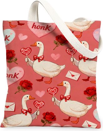 Generic ValentineS Day Floral Canvas Tote Bags, Cute Duck Pattern Reusable Grocery Bags, Lightweight Washable Shoulder Strap, Peach, 13x15 Inch