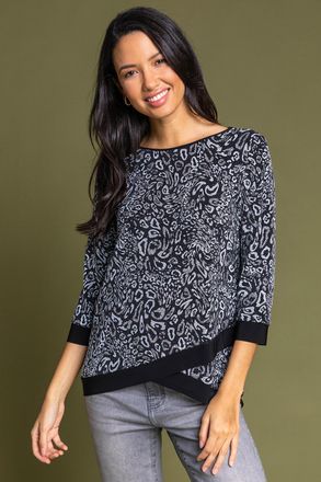 Roman Shimmer Animal Print Asymmetric Top
