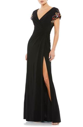 Mac Duggal Embellished Cap Sleeve Jersey Wrap Gown in Black Multi at Nordstrom, Size 0