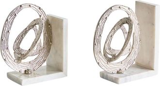 Beliani Conjunto De 2 Sujetalibros Moderno Glamuroso Decoraci&oacute;n Para El Hogar Motivo Abstracto M&aacute;rmol Aluminio Blanco Plateado Kotezi