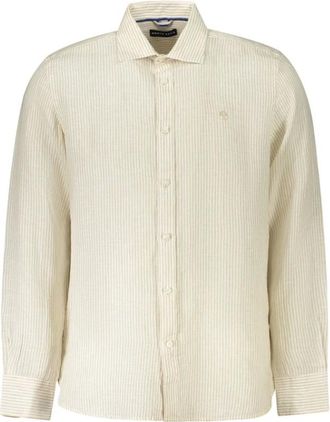 North Sails Overhemden, Heren, Beige, XL, Linnen, Gestreept linnen overhemd met Franse kraag