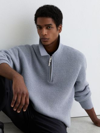 Reiss Soft Blue Melange Cotton-blend Rib Half-zip Polo Jumper, Xxl