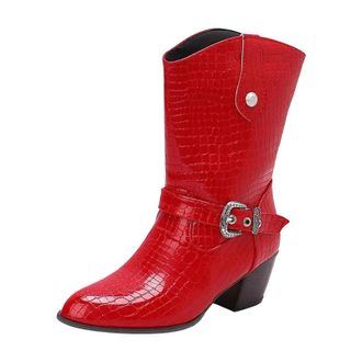 Generic Womens Fashion Mid Calf Boots Round Toe High Chunky Heel Slip On With Metal Belt Buckle For Dating And Parties