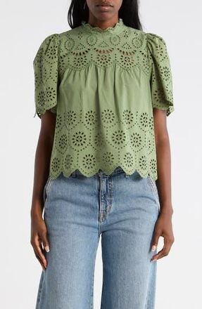 T Tahari Embroidered Eyelet Short Sleeve Cotton Top in Fair Green at Nordstrom Rack, Size X-Large