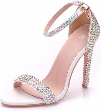 Generic White,5.5 UK,Womens Rhinestone Sandals Peep Open Toe Ankle Strap High Stiletto Heel Sandals Wedding Party Prom Dance Pumps Shoes