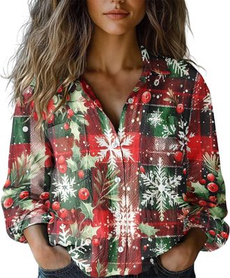 Generic Womens Casual Christmas Long Sleeve Button Down Shirt - Printed Holiday Patterns for Family Gatherings & Xmas Parties (UK, Alpha, L, Regular, Regular,