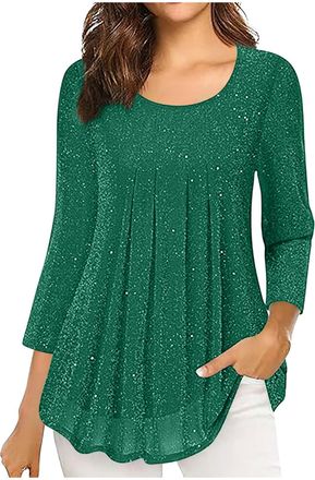 Generic duxyoz Sparkly Tops for Women UK - 3/4 Sleeve Tunic Tops Flowy Ladies Pleated Shiny Shirts Dressy Casual Blouses Crewneck Evening Tops Glitter Sequin 