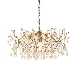 Loops Aged Gold Branch Ceiling Chandelier - Glass Droplets - Decorative Light Fitting in Clear