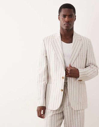 Asos Giacca da abito slim in misto lino color crema a righe-Bianco