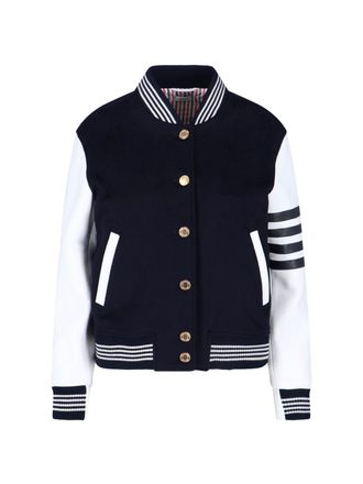 Thom Browne Navy Wool Varsity Leather Sleeve Jacket