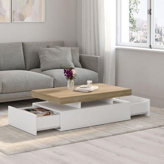 IDMarket Tavolino rettangolare a 2 cassetti ELSA in legno bianco con piano in faggio