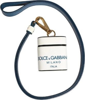 Dolce & Gabbana Phone Accessories, female, White, Size: ONE SIZE Calf Leather Logo Flip Holder Strap AirPods Case