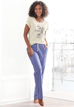 Vivance Pyjama VIVANCE DREAMS, Damen, Gr. 36/38, lila (lila, gestreift, ecru), Single Jersey, Obermaterial: 100% Baumwolle, Basic lang, Rundhals, eingesetzt, 