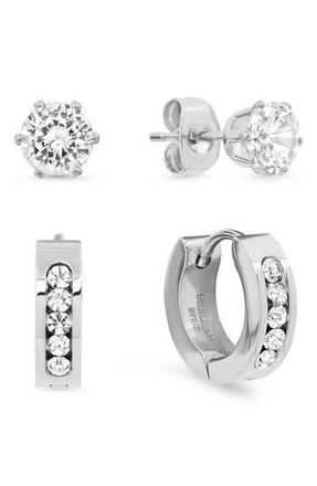 Steeltime Stainless Steel Simulated Diamond Stud & Huggie Earrings Set in Silver at Nordstrom Rack