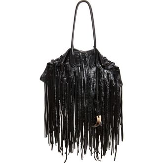 Alexander McQueen Manta Fringe Embellished Croc Embossed Leather Shoulder Bag in Black/Silver at Nordstrom