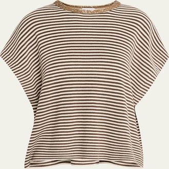 Brunello Cucinelli Striped Cotton Short-Sleeve Paillette-Neck Sweater