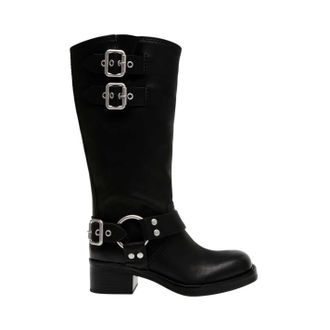 Steve Madden Motorrijlaarzen voor dames in oosterse stijl, van leer en met gespdetails (Zwart)