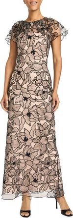 Maggy London Short Sleeve Illusion Gown in Black/white at Nordstrom, Size 14