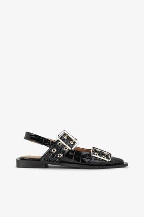 Ganni Black Feminine Buckle Ballerinas in Croco Patent