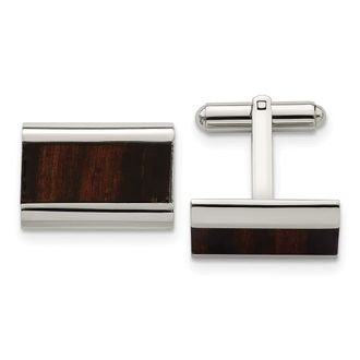 Diamond2Deal Stainless Steel Polished Black Koa Wood Inlay Rectangle Cufflinks