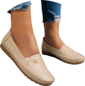 Generic Flat Shoes for Women Stylish Orthopedic Leather Shoes Ballet Flat Comfortable Women Lightweight Loafers for Daily Wear Beach Travel (Beige, 4.5)