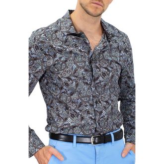 Lords of Harlech Norman Button-Up Shirt in Skull Paisley Grey at Nordstrom, Size Medium