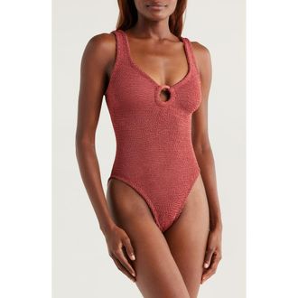 Hunza G Celine Stripe Seersucker One-Piece Swimsuit in Metallic Rosewood at Nordstrom