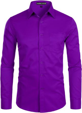 PARKLEES Mens Long Sleeve Dress Shirt Solid Slim Fit Casual Business Formal Button Up Shirts with Pocket Purple 2XL