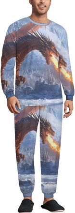 Generic Ice-Covered Knights Dragon Breathing Fire Mens Pyjama Sets Long Sleeve Pullover Top And Elastic Pants Sleepwear Lounge Pjs Sets