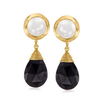 Ross-Simons 7.5-8mm Cultured Pearl and Black Onyx Drop Earrings in 18kt Gold Over Sterling