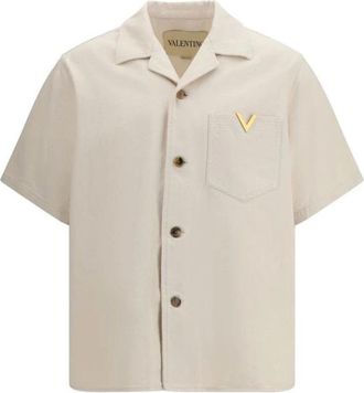 Valentino Garavani Denim Overhemd met Klassieke Kraag - Heren - Korte mouwen Overhemden - Beige - L - Denim - Overhemden