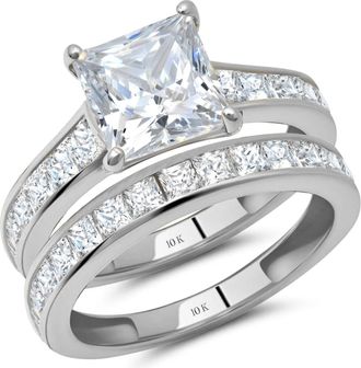 MAX + STONE 10k Gold 3.0 Carat Princess Cut Cubic Zirconia Engagement Ring with Wedding Band