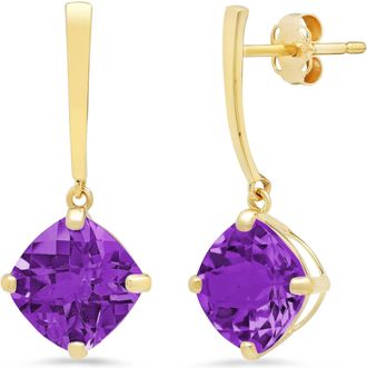MAX + STONE 14k White or Yellow Gold 8mm Solitaire Cushion Cut Gemstone Drop Dangle Earrings